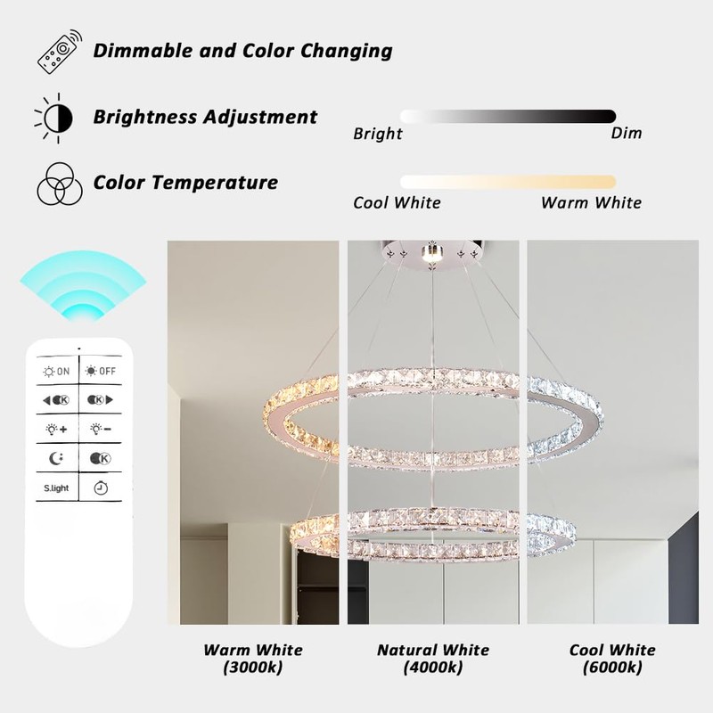 Finktonglan Dimmable Crystal Chandelier, 23.6'' Oval 2 Rings Modern Chandeliers
