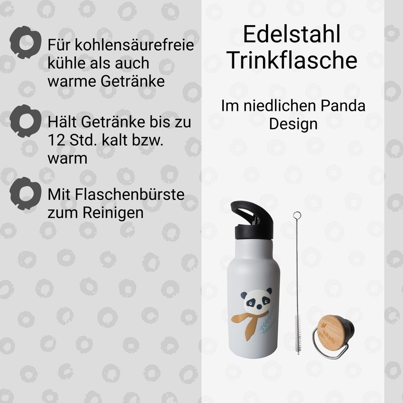 kikadu Panda Water Bottle Silver Grey - Children's Tableware, BPA-Free,