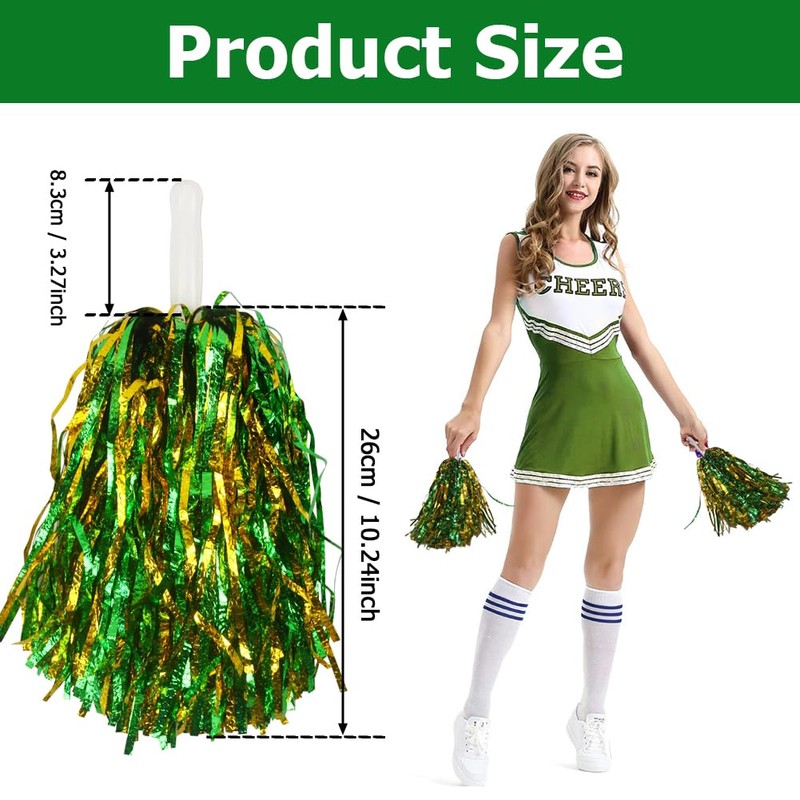 Hooshing 12PCS Green and Gold Pom Poms Cheerleading Metallic Foil