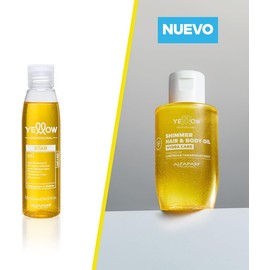 "YELLOW PROFESSIONAL HYDRA CARE SHIMMER HAIR & BODY OIL 100 ml Aceite hidratante iluminador para todo tipo de cabello POTENCIADO CON LUMITECH & TAMARIND EXTRACT CONCEBIDO PARA BRILLO Y HIDRATACIÓN"