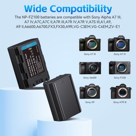 2 x 2600mAh NP-FZ100 Batteries A7iii Battery, NP-FZ100 Battery Charger Set Compatible with Sony A7 III,A7 IV, A7C,A7C II,A7R III,A7R IV,A7R V,A7S III, A1, A9, A9R, A9S,A9 II,A6600,A6700,FX3,FX30,ZV-E1