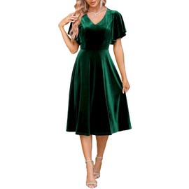 Bridesmay Velvet Modest Christmas Party Midi 50s Dress, Retro Flared Sleeve Semi Formal Dresses for Women DarkGreen S