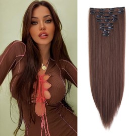 Dcbaboo Clip-In Hair Extensions, Straight, 8 Pieces, 60 cm, Clip-In Hair Extensions Like Real Hair, Synthetic Long, Dark Chestnut Brown