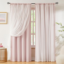 Pink Blackout Curtains with Sheer Overlay for Bedroom, Mix & Match Double Layer Pom Pom Curtains for Girl Nursery, Living Room, Rod Pocket Thermal Insulated Window Panels with Tiebacks 52W X 84L, 2pcs
