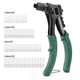 Rivet Gun, Heavy Duty Hand Riveter with 40-pcs Metal Rivets (3/32", 1/8", 5/32", 3/16"), 4 Tool-Free Rivet Heads, Durable Pop Rivet Gun for Plastic, Metal, Leather, Wood