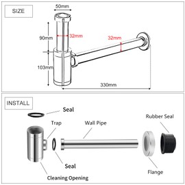 EXLECO Siphon with Drain Fitting 1 1/4 Inch x Diameter 32 mm Stainless Steel Siphon Odour Trap Adjustable Universal Chrome Pipe Siphon Tube Odour Trap for Washbasin with Overflow Hole