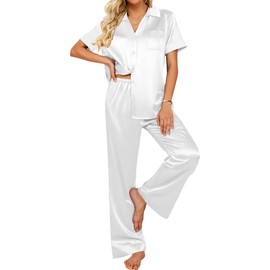 Ekouaer Silk Pajamas for Womens Set 2 Piece Satin Pjs Soft Button Down Sleepwear Wide Leg Long Pants with Pockets White