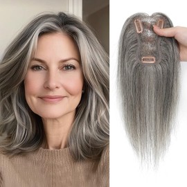 GULALUUK Hair Toppers for Women Real Human Hair 10 Inch Upgrade Swiss Lase Base Toppers Hairpieces with Thinning for Daily Wear (Mixed Light Grey)