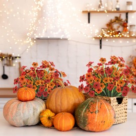 MACTING 6 Bundles Artificial Fall Flowers, UV Resistant Fake Mums, Faux Silk Flowers for Outdoor Planters Window Patio Home Indoor Outside Autumn Decorations (Orange Mix Color)