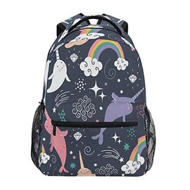 Backpack for Girls Kids Boys Teens Rainbow Narwhal Lightweight Durable Bookbag School Bag Laptop Bags Travel Hiking Camping Daypack
