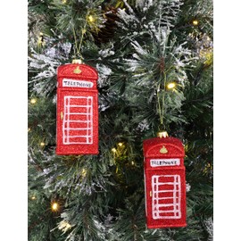 Toyland® Pack fo 2-12cm Glittery Traditional British Phone Box Shaped Christmas Bauble – Christmas Tree Decorations