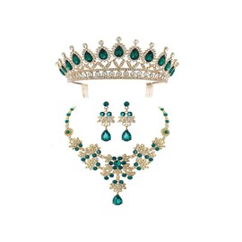 Holibanna Rhinestone Jewelry Set Crown Necklace Earrings Wedding Jewelry Set Baroque Crown with Comb for Party Banquet Ball Green