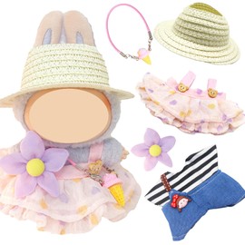 6Pcs Clothes & Accessories for 17cm Dolls, Includes Suspender Skirt Striped Top Overalls Hat Hair Accessories Ice Cream Backpack for Kids Birthday Holiday(No Doll)