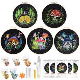 Windspeed 5 Pack Mushroom Embroidery Kit, Cross Stitch Kits Black Embroidery Kit for Adults Funny Hand Embroidery Kits with Patterns and Instructions Hoops Needles Threads