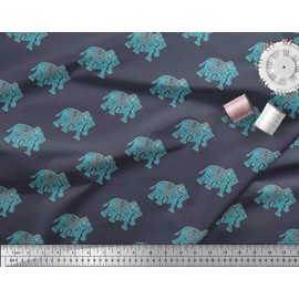 Soimoi Blue Rayon Fabric Elephant Animal Fabric Prints by Yard 42 Inch Wide