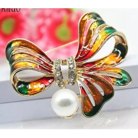 Unbranded Lovely Amber Pearl BOW Gift RIBBON Rhinestone Butterfly CHRISTMAS Holiday Brooch