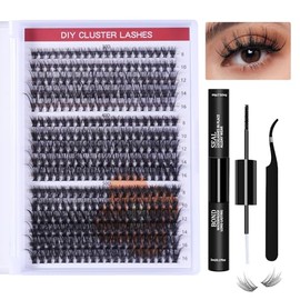 DIY Eyelash Extension Kit, 30D + 40D + 50D Eyelash Extensions Set, 8-16 Mix 320 Pieces Lash Extension Set with Bond & Seal and Tweezers, Cluster Lashes Artificial Eyelashes
