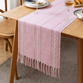 ZeeMart Farmhouse Table Runner, Rustic Table Runners 72 Inches Long, Linen Boho Table Runner, Braided Striped Pink Table Runner for Dining Party Holiday, 15x72 Inches, Hollow Pink