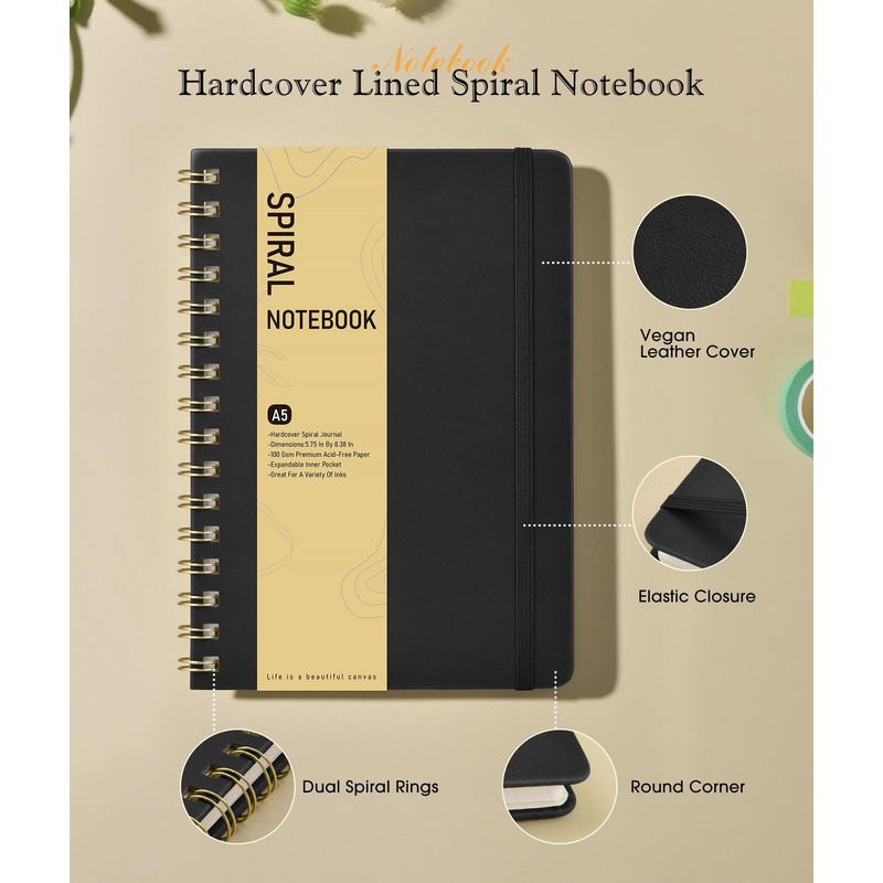 Lined Spiral Journal Notebook, A5 Hardcover Spiral Journals for Women