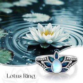 DAYLINLOVE Lotus Ring 925 Sterling Silver Moonstone Abalone Shell Lotus Flower Ring Inspirational Flowers Yoga Jewellery Anniversary Gift for Women Girls Women Mother Lotus Lovers, Precious metal, No