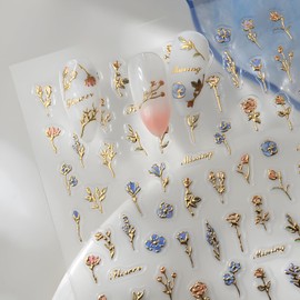 Flower Nail Stickers for Nail Art 5D Embossed Gold Flower Nail Decals Summer Spring Nail Stickers Gold Nails Art Supplies Design Decoration Accessories for Women and Girls