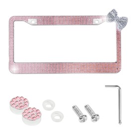 SCUARI Car License Plate Frame,Bling License Plate Protector,Car Accessories,12.2x6.3 Inch Stainless Steel Rhinestone Bow Cars Plates Covers with Mounting Bolts,Suitable for Most Cars (Pink)