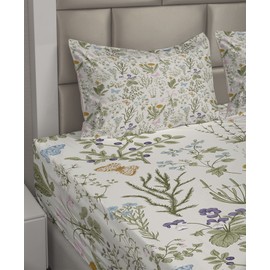 Ambesonne Floral Sheet Set, Vintage Garden Plants Herbs Flowers Botanical Classic Design Art, Fitted and Flat Sheet with Pillowcases Bedding Accent 4 Piece Set, Queen, Sage Green