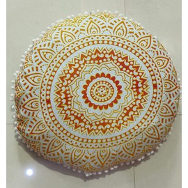 CRAFT KALA Mandala Floor Pillow Cushion Cover Seating Throw Cover Hippie Decorative Bohemian Ottoman Poufs Pom Pom Pillow Cases Boho Indian Cotton Living Room Yoga Home Décor (24" Round, Yellow Ombre)