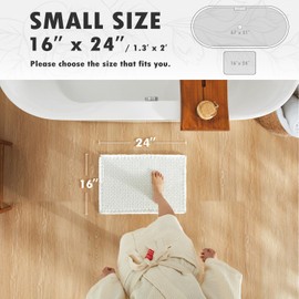 TYUU White Bathroom Rugs, Super Absorbent Non Slip Bath Mat Quick Dry Bath Rugs Washable Boho Farmhouse Bathroom Rugs for Bathroom with Non Slip Rug Pad, White 24"x16"