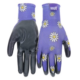 MUD Grip Women's Daisy Printed Polyester Shell and Flat Nitrile Coated Palm Gardening Gloves, Superior Grip, Water Resistant, Extreme Comfort, Violet, Medium/Large, (MD31001V-WML)
