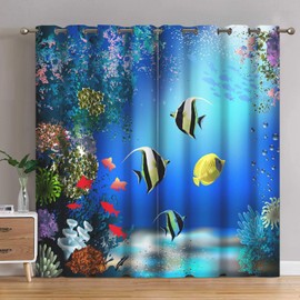 Jekeno Ocean Fish Blackout Curtains Underwater Coral Fish Decor Home Bedroom Living Room Darkening Grommet Window Drapes 2 Panel Set, 52"x84"