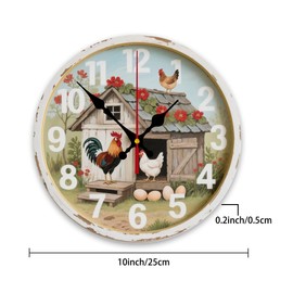 MEUUD Wood Wall Clock 10 Inch Farmhouse Chicken Rooster Print
