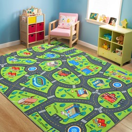 Merelax 3x5 Kids Car Rug Green Grey Area Rugs for Living Room Playroom Classroom Bedroom, Non Slip Kids Play mat Washable Rug, Educational City Traffic Road Map Fun Car Carpet for Ages 3-12