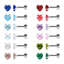 12 Pairs Flat Back Surgical Stainless Steel Stud Earrings, 18K Gold Plated Silver Screw Back Heart Star Round Cubic Zirconia CZ Birthstone Stud Earrings Set (Silver heart 5mm)