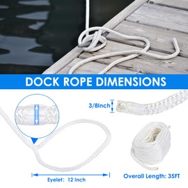 Amarine Made 2 Pack 3/8 Inch 35 FT Double Braid Nylon Dockline Dock Line Mooring Rope Eye: 12";Safe Workload: 660 Lbs;Tensile Strength: 3300 Lbs (White)