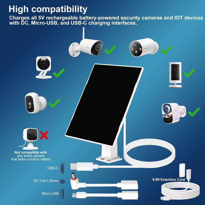 AQUZO 6W Solar Panel Charger for Outdoor Security Camera