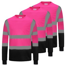 ProtectX 3-Pack Men's High Visibility Heavy Duty Breathable Long Sleeve Reflective Safety T-Shirts for Work Warehouse Construction, Class 2 Type R, Pink - Medium