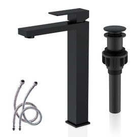 KENES Matte Black Bathroom Faucet Single Handle Tall Vessel Sink Faucet Vanity Bathroom Faucet Basin Mixer Tap with Water Supply Hose and Pop Up Sink Drain, LJ-9031A-2