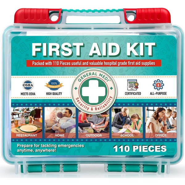 General Medi 110 Pieces Small First Aid Kit - HardCase First Aid Box - Contains Premium Medical Supplies for Travel, Home, Office, Vehicle, Camping, Workplace & Outdoor
