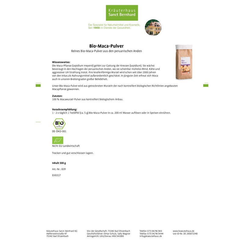 Sanct Bernhard Organic Maca Powder Pure Lepidium Meyenii Powder from