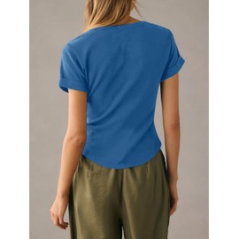 Tankaneo Women Deep V Neck Low Cut Tops Casual Ribbed Knit Henley T-Shirts Summer Short Sleeve Tees Blue