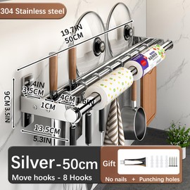 Hanging Wall Mount knife Wall Mount, Kitchen Organizer Storage Shelf for Utensils Spatula Spoon, Space-Saving Knife Rack with Hooks,Wall-Mounted Utensil Holder (Silver, 50CM+Three Poles+8Hooks)