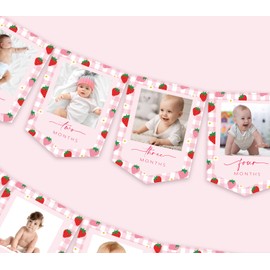 JarThenaAMCS 2Pcs Strawberry Photo Banners Pink Red Plaid Daisy Strawberry Banner Newborn to 12 Months Picture Display Garland for 1st Birthday Decoration