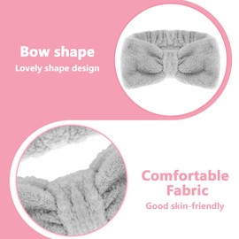 Gray Flannel Makeup Headbands Soft Fluffy Skin Care Headband with Cute Bow Easy-Wash Spa Headbands, Make-up Hair Headband for Facial Treatments Bathing Shower Yoga Sport Women Girls
