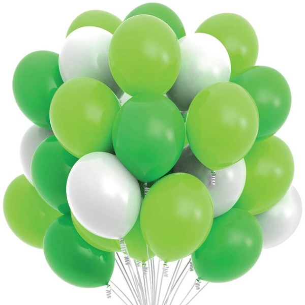 Prextex 75 Dinosaur Party Balloons 12 Inch Green and White Balloons with Ribbon for Dinosaur or Safari Color Theme Party Decoration, Baby Shower, Birthday Parties Supplies, Helium Quality