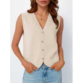 LILLUSORY Womens Vest Tops Knit Sleeveless Sweaters Button Down V Neck Casual Clothes Trendy Summer Outfits 2025 Apricot XL