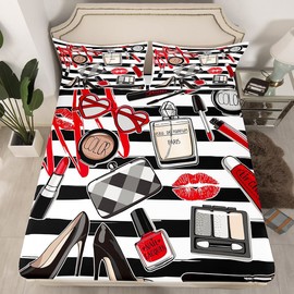 Homewish Makeups Fitted Sheet Twin,Glasses Lipstick Lips Bedding Set 2pcs for Girls Woman Teens Room Decor,Black White Stripes Bed Cover Modern Bed Sheet Set with 1 Pillowcase