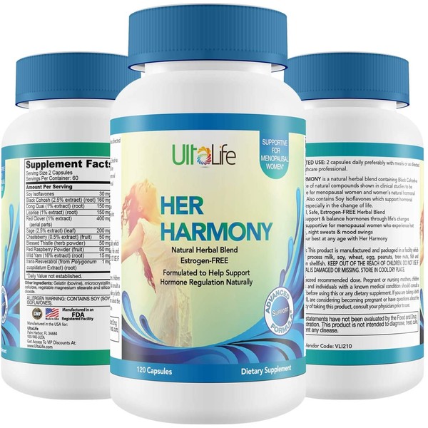 Her Harmony Advanced Menopause Supplement + Black Cohosh. Mood Swings, Irritability, Hot Flashes & Night Sweats Relief. Estrogen-Free. Natural Herbal Pill Balances Hormones to Help You Feel Good Again