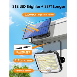 PIKOY[318 LED/33FT/5 Modes] Solar Lights Outdoor Waterproof, Remote Motion Sensor Outdoor Lights, Ip65 Lámparas Luces Solares para Patio,Led Solar Powered Flood Lamp for Backyard,House,Porch,Garage
