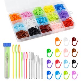 220/900 Pieces FIVEIZERO Stitch Markers,with 15 Pcs Large Eye Blunt Sewing Needles,Colorful Crochet Stitch Markers for Knitting Stitch Locking Clips Crochet Pins with Storage Box